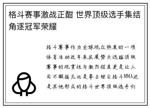 格斗赛事激战正酣 世界顶级选手集结角逐冠军荣耀