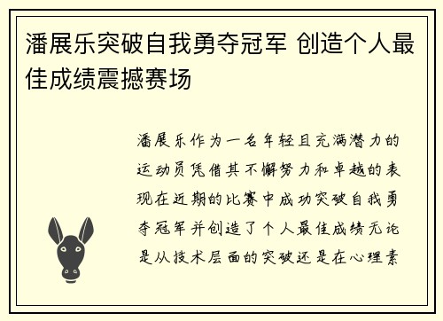 潘展乐突破自我勇夺冠军 创造个人最佳成绩震撼赛场