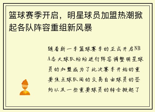 篮球赛季开启，明星球员加盟热潮掀起各队阵容重组新风暴